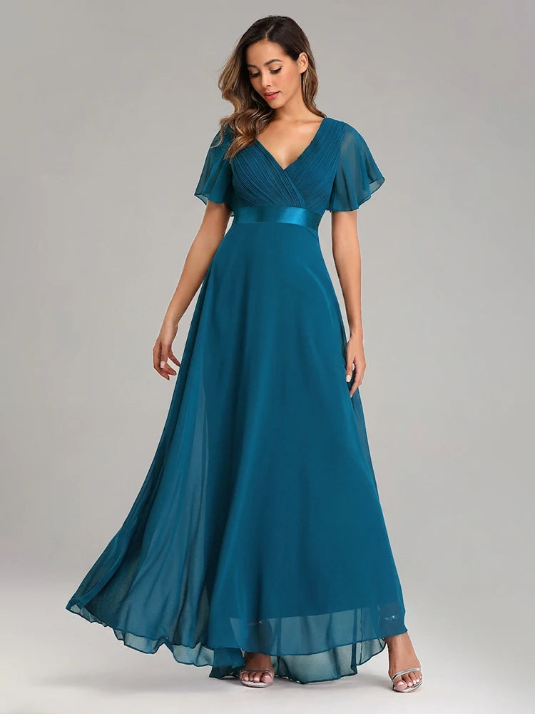 2024 New Women Plus Size Evening Dresses Long Elegant A Line V Neck Ruffles Chiffon Formal Wedding Party Dress Robe De Soiree