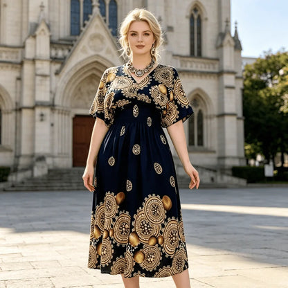 Plus Size Elegant Party Woman Midi Dresses Casual Retro Ethnic Style V-neck Tunic Large Swing Floral Printed Long Skirt Holiday