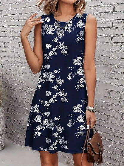 Plus Size Summer Dress, Fashionable Casual Round Neck Floral Print Sleeveless Tank Dress