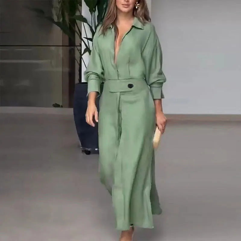 Spring Summer Women Dress Plus Size White Casual V Neck Lapel Long Sleeve Shirt Maxi Dresses Female Pocket Party Long Robe