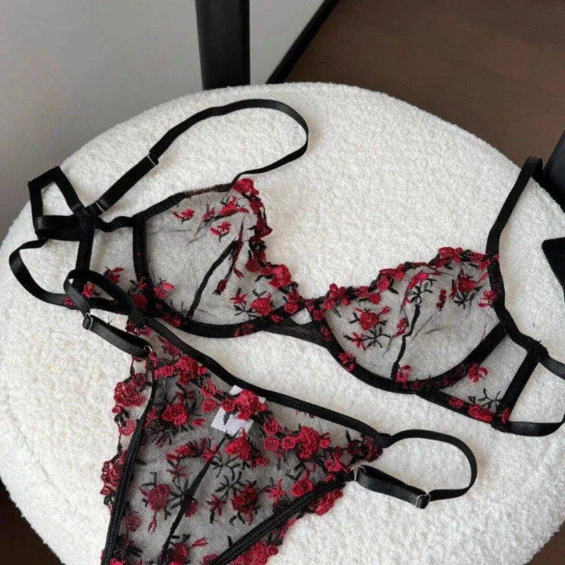 European Women Alluring Sheer Lace Embroidery Underwire Bra, Big Bust Support Minimize Anti‑Sagging Soft Lingerie S‑XL  Bra Set