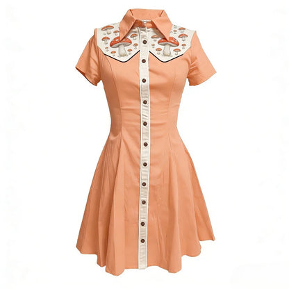 Women's Plus Size Cute Mushroom Print Lapel Collar Dress Button Down Slim Fit Casual Party Dress Cotton Soft Casual Dresses