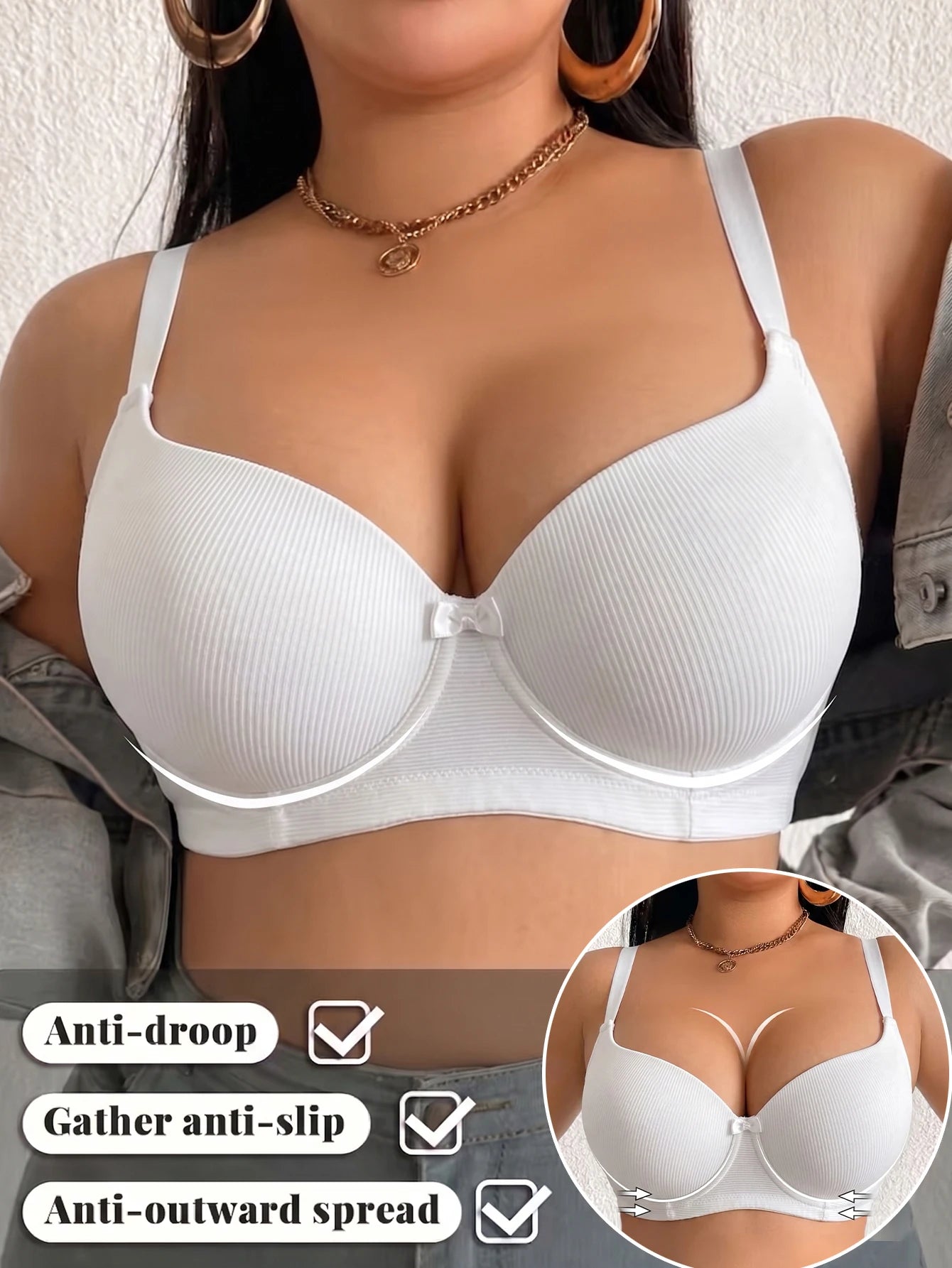 Plus Size Women Bra Thin Cup Underwire Side Gathering Push Up Bra Solid Ribbed Anti-Sagging Comfortable & Breathable Lingerie