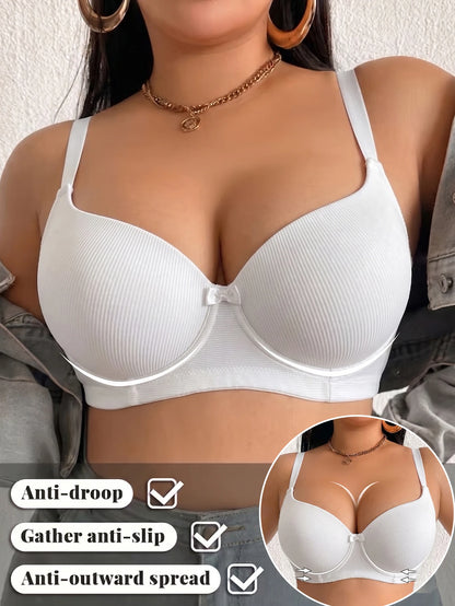 Plus Size Women Bra Thin Cup Underwire Side Gathering Push Up Bra Solid Ribbed Anti-Sagging Comfortable & Breathable Lingerie