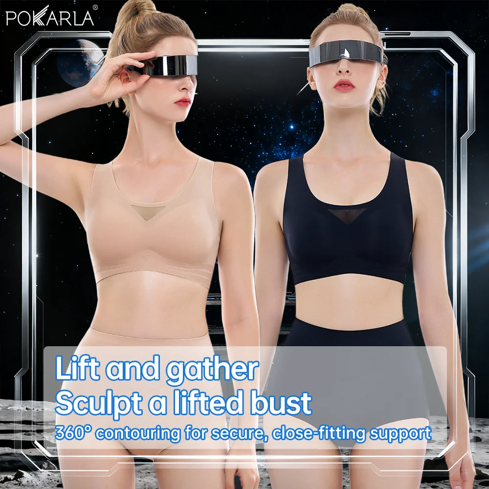 Women's Sports Bra Plus Size Push-Up Seamless Breathable Cool-Feel Underwear Wide Straps Full Cup Black Bras No Hooks Full Cup