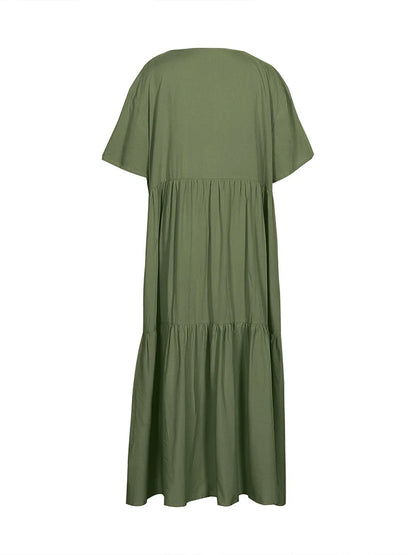 plus Size Women's Casual Loose V-Neck Solid Long Dress Spring Summer Pleated Big Size Women's Dress