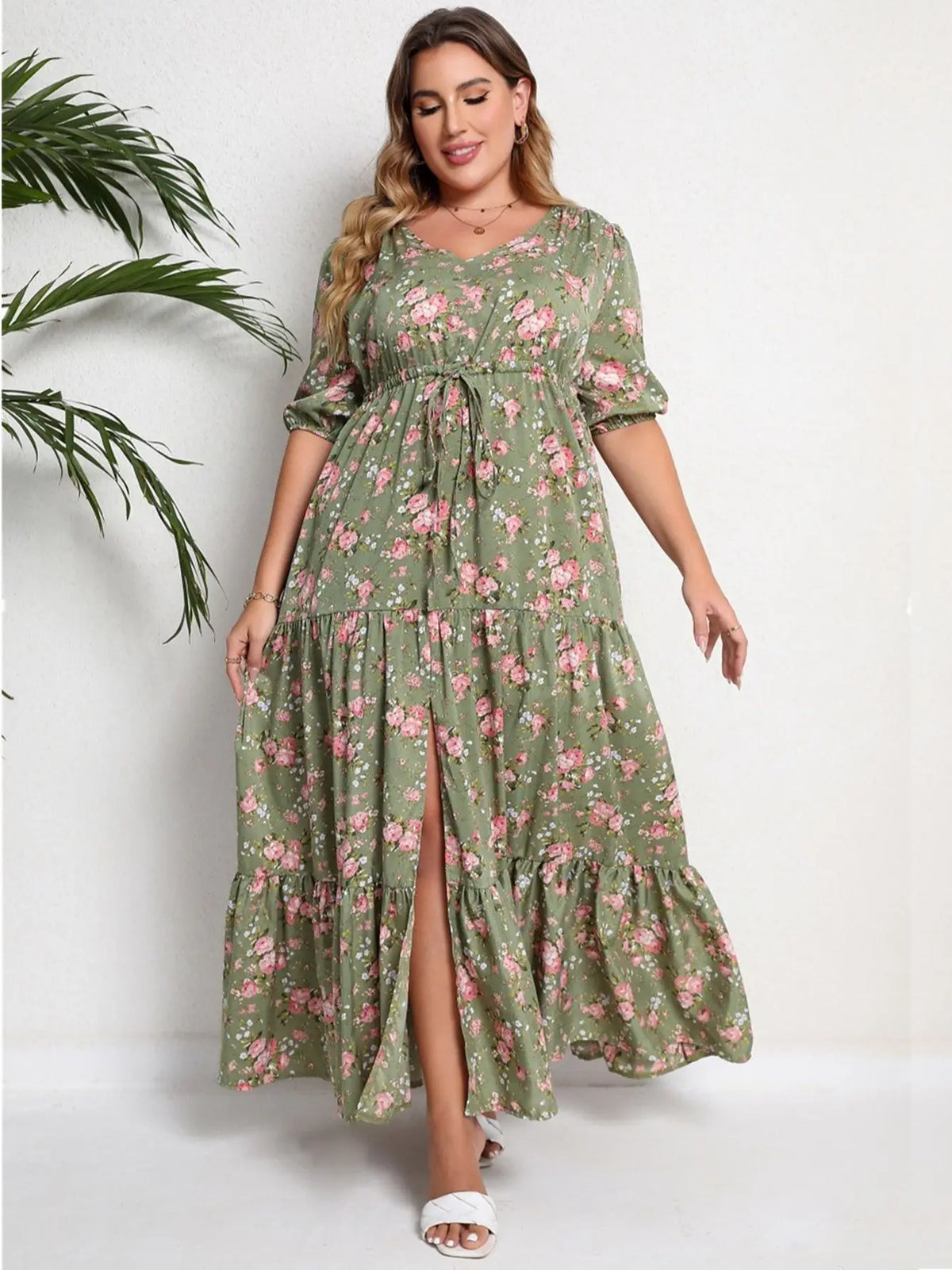 Plus Size Bohemian Summer Beach Casual Floral Print Half Sleeve Split Hem Maxi V Neck Long Dresses For Women