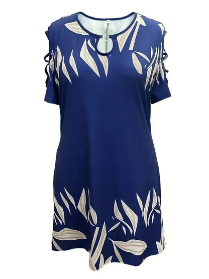 Women Fashion Plus Size 1XL-5XL Off The Shoulder Printed Short Sleeve Dress Ladies Elegant Knee Length Dress