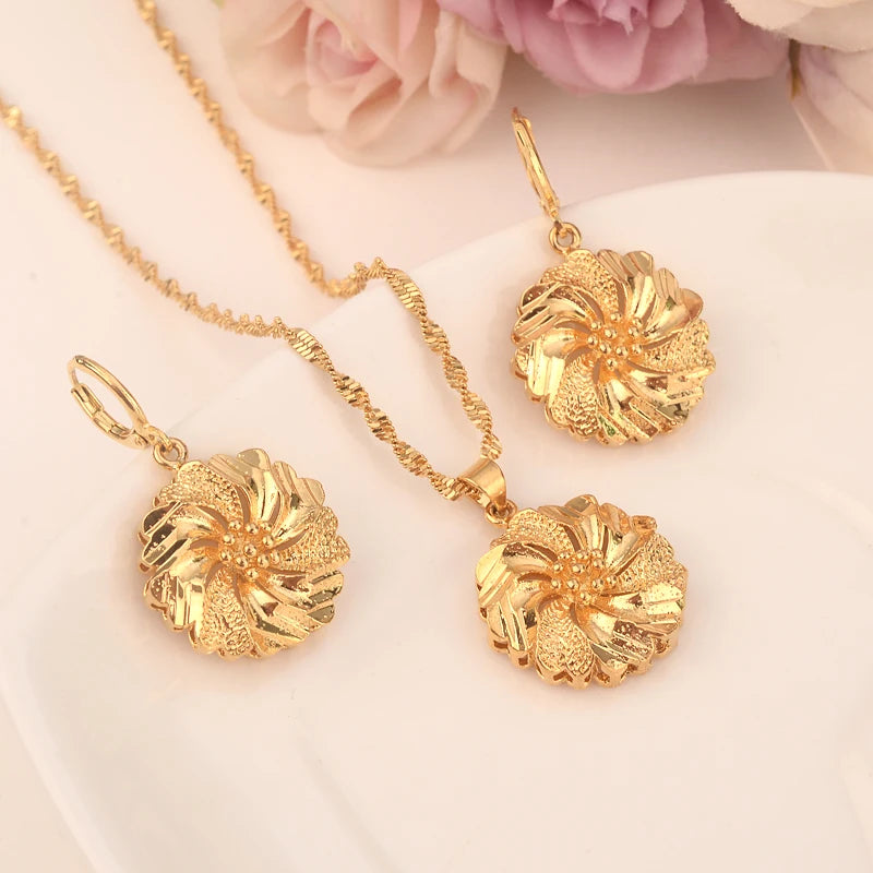 Fashion Gold Color Jewelry for Women Necklace Earrings Set Party Accessories Dubai India Africa Gift