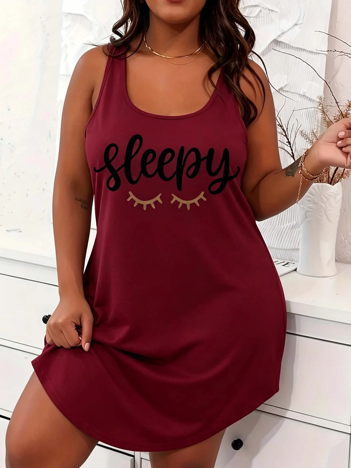 Plus-Size Women's Casual Sleepwear, Letter-Print Round Neck Curved Hem Straight Sleep Dress, Plus-Size Summer Cool Home Clothing