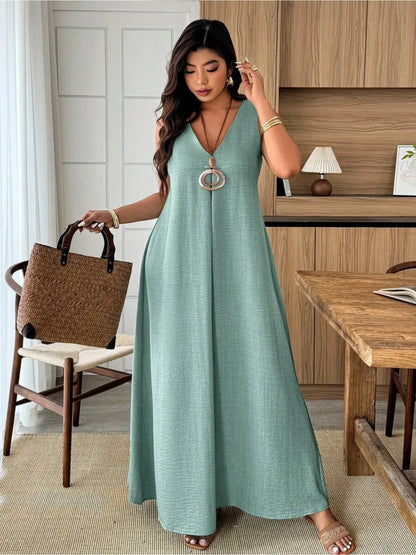 Plus-Size Maxi Dress - Sleeveless, V-Neck, A-Line & Loose Fit, Suitable For Vacation, Daily Wear & Office, Spring & S