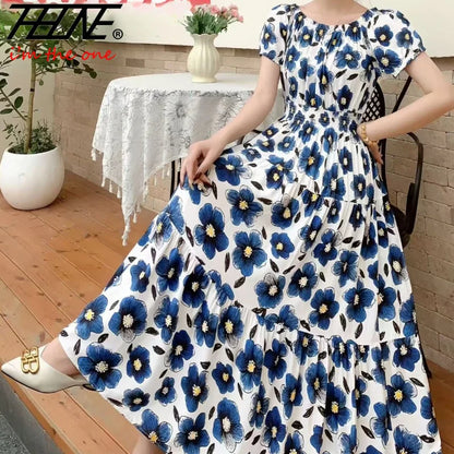 Women's Plus Size Bohemian Style Long Summer Dress for Women Floral Cotton Beach Round Neck Indian Clothing Vestido Robe Female