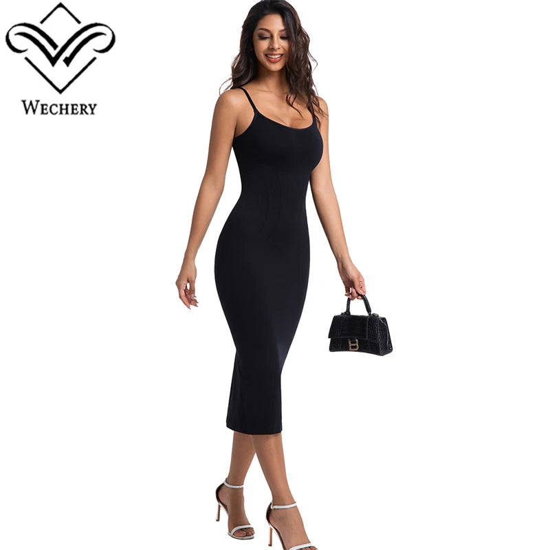 Wechery Plus Size Woman Clothing High Elasticity Abdominal Compression Slim Slip Dress Female Elegant Party Dresses