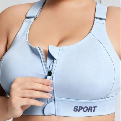 Women's Plus-Size Sports Bra, Lotus Pink, Zip-Up Closure with Lift-Up Design, Adjustable Support, Fixed Cups, Can Be Worn as Outerwear, Medium Support Level, Suitable for Sports, Fitness, Running, and Everyday Casual Wear