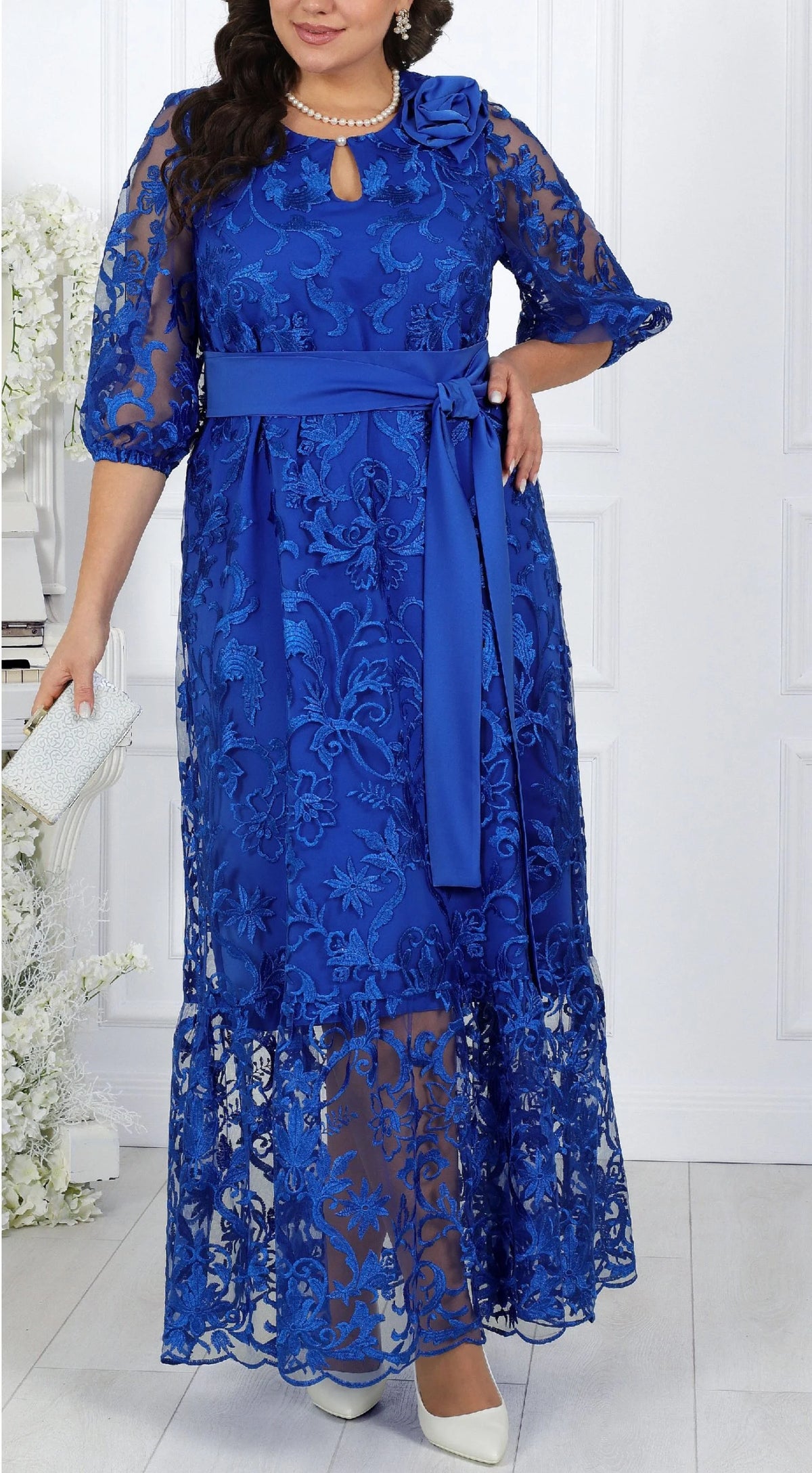 New Women's Elegant Lace Embroidery Cocktail Party Dresses Spring Plus Size Hollow Out Prom Gown Ladies Slim Formal Maxi Dress