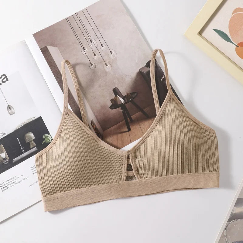 Women's Ribbed Hollow-Out Bralette Wireless Bra Breathable Padded Underwear Ladies Thin Strap Lingerie Daily Wear Sports Bras
