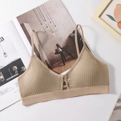 Women's Ribbed Hollow-Out Bralette Wireless Bra Breathable Padded Underwear Ladies Thin Strap Lingerie Daily Wear Sports Bras