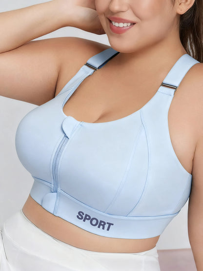 Women's Plus-Size Sports Bra, Lotus Pink, Zip-Up Closure with Lift-Up Design, Adjustable Support, Fixed Cups, Can Be Worn as Outerwear, Medium Support Level, Suitable for Sports, Fitness, Running, and Everyday Casual Wear