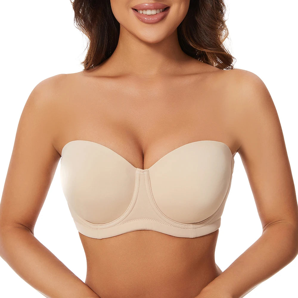 Sheroine Plus Size Strapless Bra Push Up Underwire Full Coverage Light-Padded Bras for Big Breasts Smooth & Comfort with Support