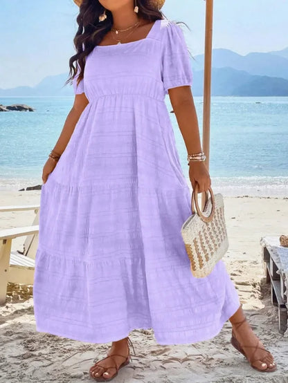 Plus Size 1XL-5XL Women's Fashionable Square Neck Solid Color Short Sleeved Dress Ladies Casual A-line Skirt Long Dress