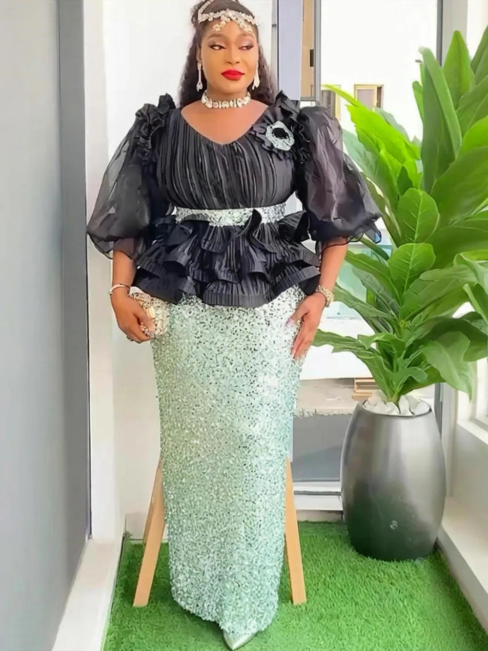 Plus Size Evening Dresses for Women African Luxury Sequin Gown Elegant Turkey Wedding Party Long Dress Ankara Ladies Clothing