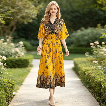 Plus Size Elegant Party Woman Midi Dresses Casual Retro Ethnic Style V-neck Tunic Large Swing Floral Printed Long Skirt Holiday