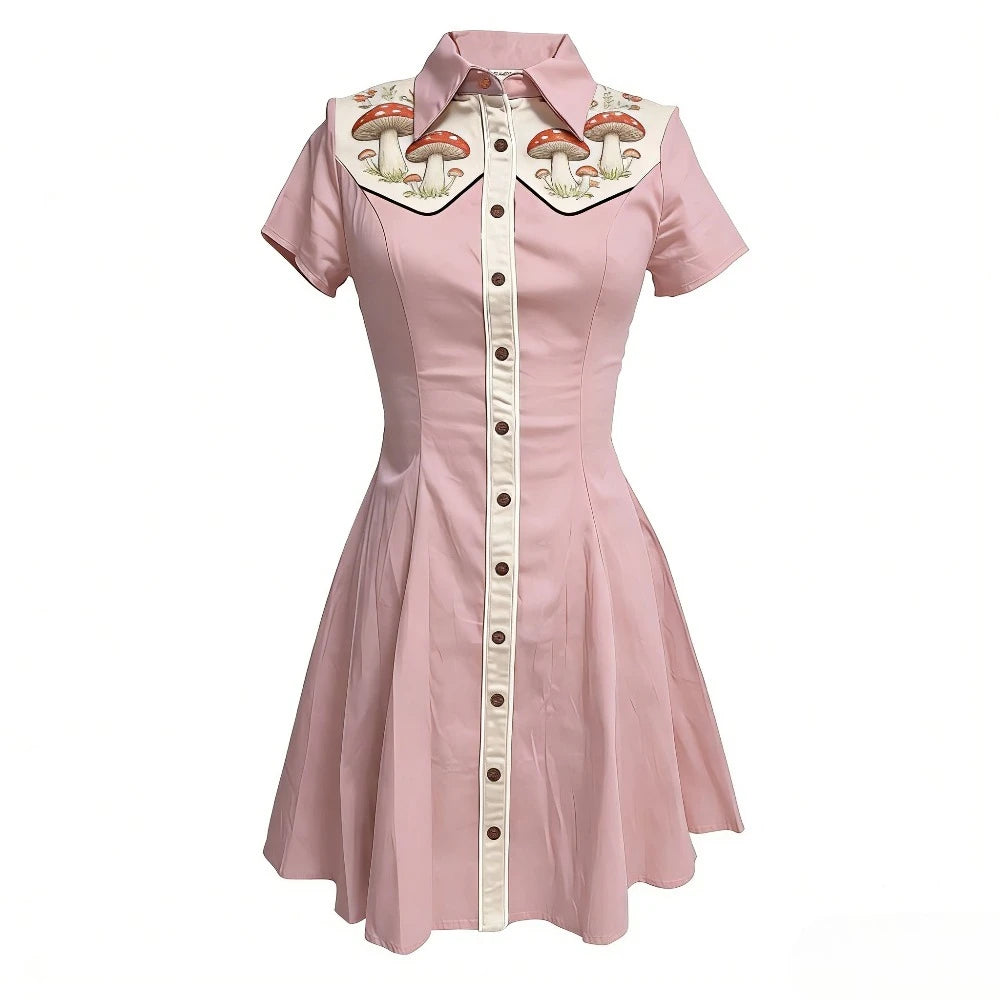 Women's Plus Size Cute Mushroom Print Lapel Collar Dress Button Down Slim Fit Casual Party Dress Cotton Soft Casual Dresses