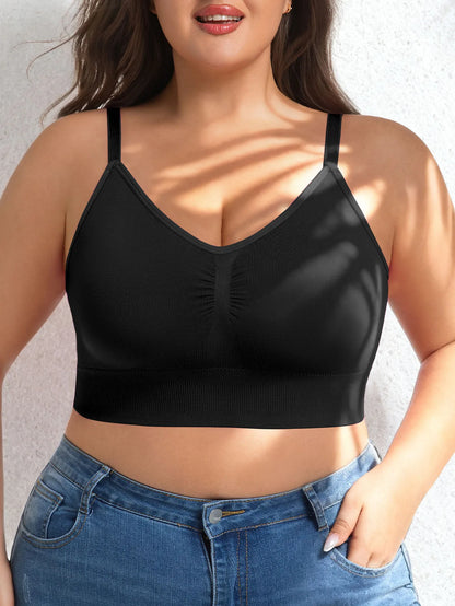 Plus Size Women Yoga Sports Bra, Front Ruched Design Wire-Free Bra with Removable Pads, Adjustable Straps Integrated Beauty Back