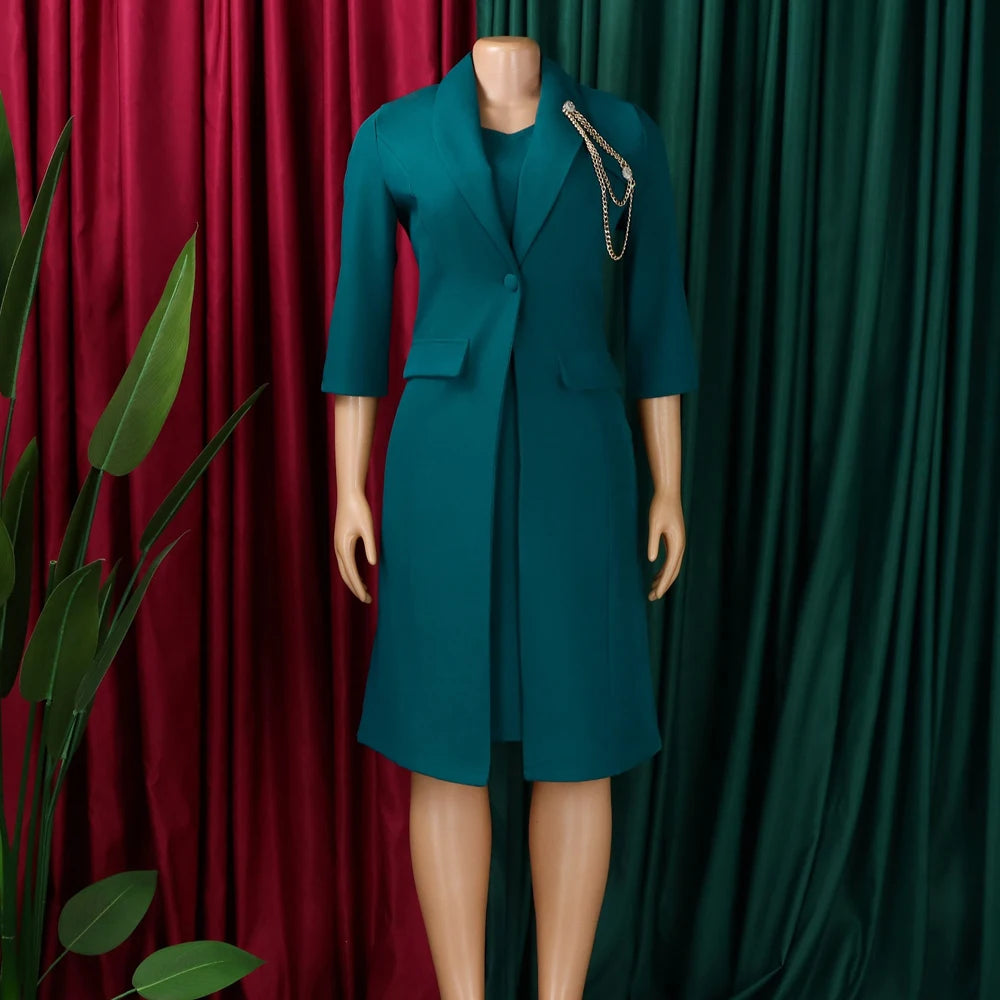 Plus Size Women 2 Piece Outfit Long Blazer Coat Matching Dress Set 3/4 Flare Sleeve Formal Wear Elegant Church Office Lady Suit