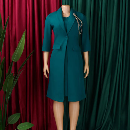 Plus Size Women 2 Piece Outfit Long Blazer Coat Matching Dress Set 3/4 Flare Sleeve Formal Wear Elegant Church Office Lady Suit
