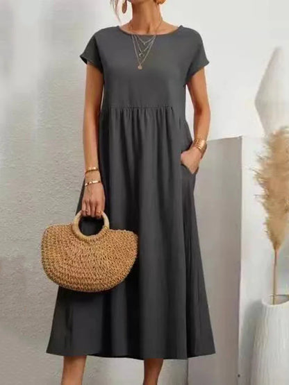 Women Plus Size A Line Midi Dress Round Neck Short Sleeve Solid Color Pleated High Waist Pockets Outfits Women's Casual Dresses