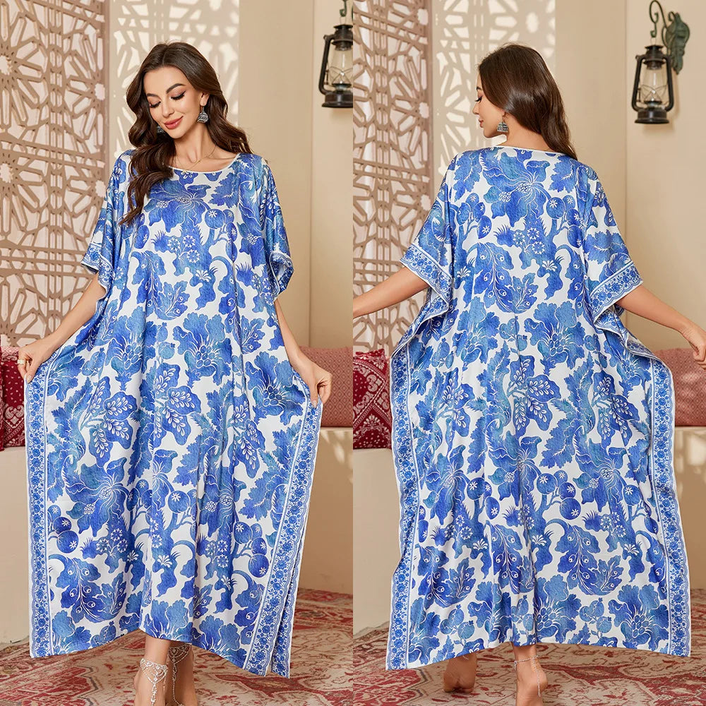 Plus Size Women Green Long Sleep Dress Nightgown Loose Casual Satin Home Clothes Bath Robe Gown Print Loungewear Nightwear ﻿