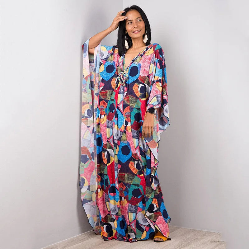 Plus Size Dresses Womens Caftan Floral Print Kaftan Dress Short Sleeve Swimsuit Cover up Loungewear for Summer