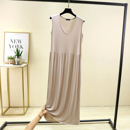 Plus size L to 6XL Women's dress Modal Sleeveless tank dress Pleated sleepdress Mid-Length waist-slimming dresses Loose homewear