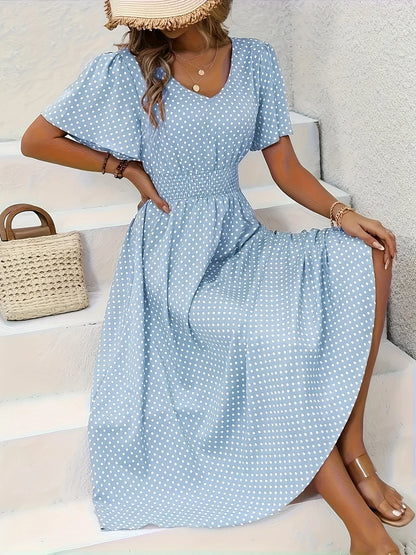 Plus Size 1XL-5XL Womens Summer V Neck Maxi Dress Short Sleeve Hollow Out Flowy Beach Dress Trendy Ruffle Hem A-Line Dresses
