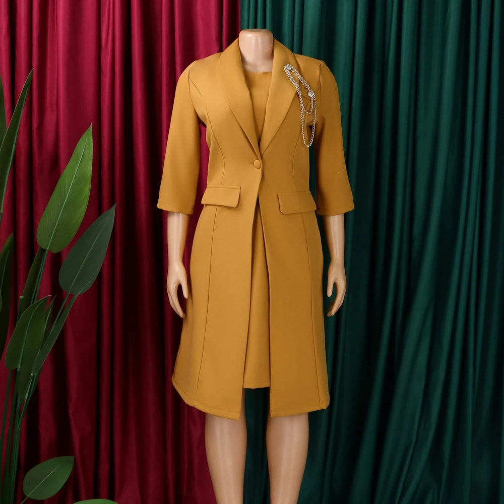 Plus Size Women 2 Piece Outfit Long Blazer Coat Matching Dress Set 3/4 Flare Sleeve Formal Wear Elegant Church Office Lady Suit