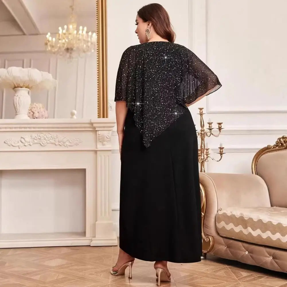 2026 Women Plus Size Dress O-neck Midi Loose Dress Lady Evening Chiffon Sequin Sexy Elegant Dress Female Clothing Summer Autumn