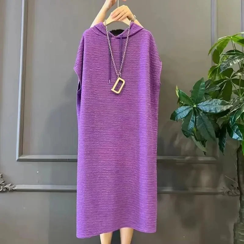 Women Large Size 4XL Pleated Long Dress Summer Female Fashion Solid Color Vestidos Spring Ladies Hooded Knee Length Maxi Dresses
