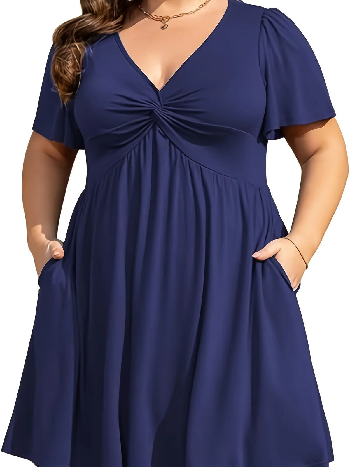 Women's Plus Size Casual Mini Dress Deep V Neck Twisted Bust Short Sleeve A Line Flared Dress Summer Vacation Beach Sundress For