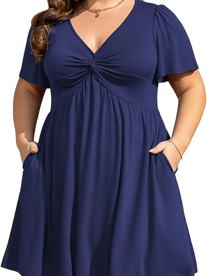 Women's Plus Size Casual Mini Dress Deep V Neck Twisted Bust Short Sleeve A Line Flared Dress Summer Vacation Beach Sundress For