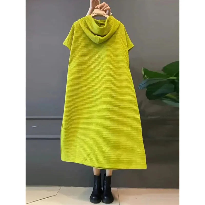Women Large Size 4XL Pleated Long Dress Summer Female Fashion Solid Color Vestidos Spring Ladies Hooded Knee Length Maxi Dresses