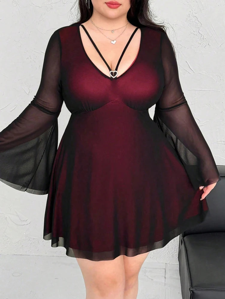 Plus Size Curvy Women Burgundy Mesh Mini Dress V Neck Heart Decor Flare Sleeve Sheer Overlay A Line Club Night Out Short Dress