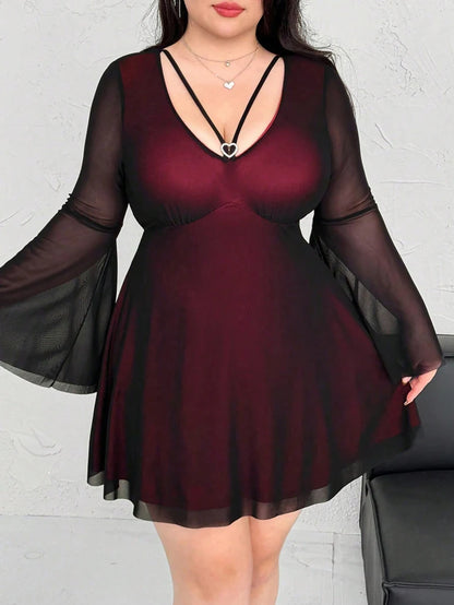 Plus Size Curvy Women Burgundy Mesh Mini Dress V Neck Heart Decor Flare Sleeve Sheer Overlay A Line Club Night Out Short Dress