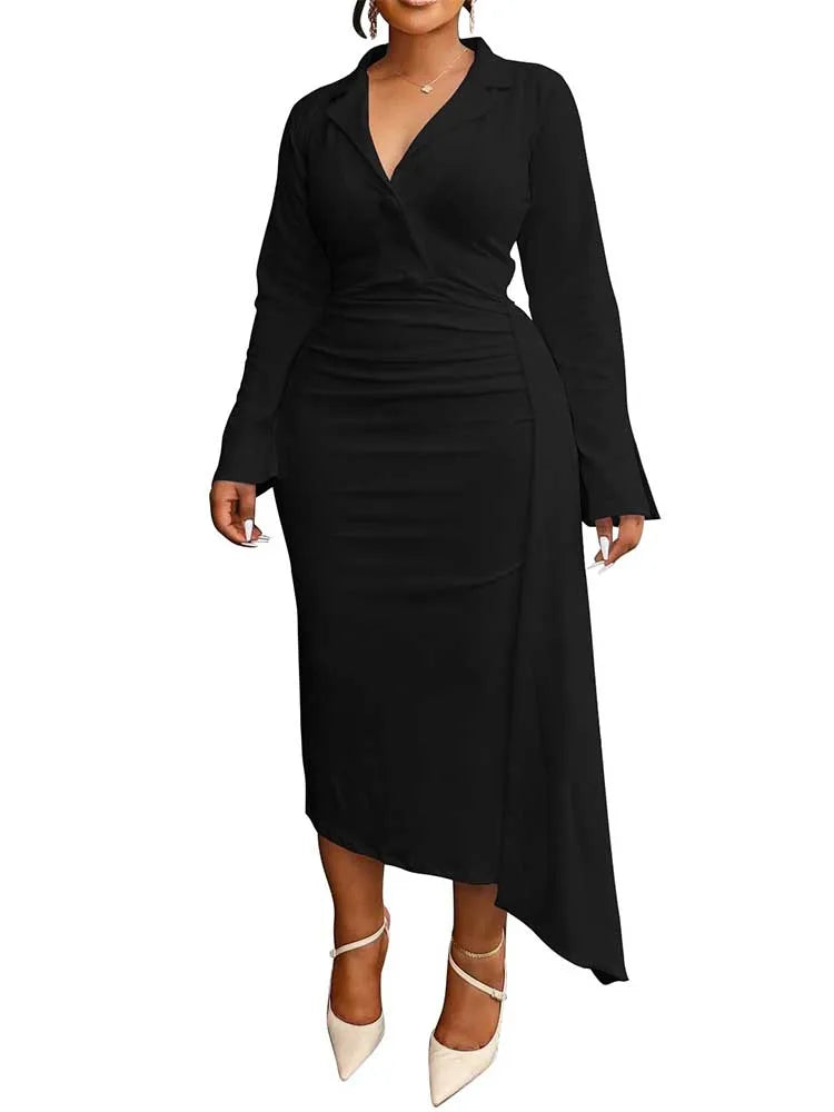 Plus Size Chubby Dress Curvy Women Solid Color Luxurious Slimming Evening Dresses V Neck Blazer Collar Long Sleeve Elegant Dress