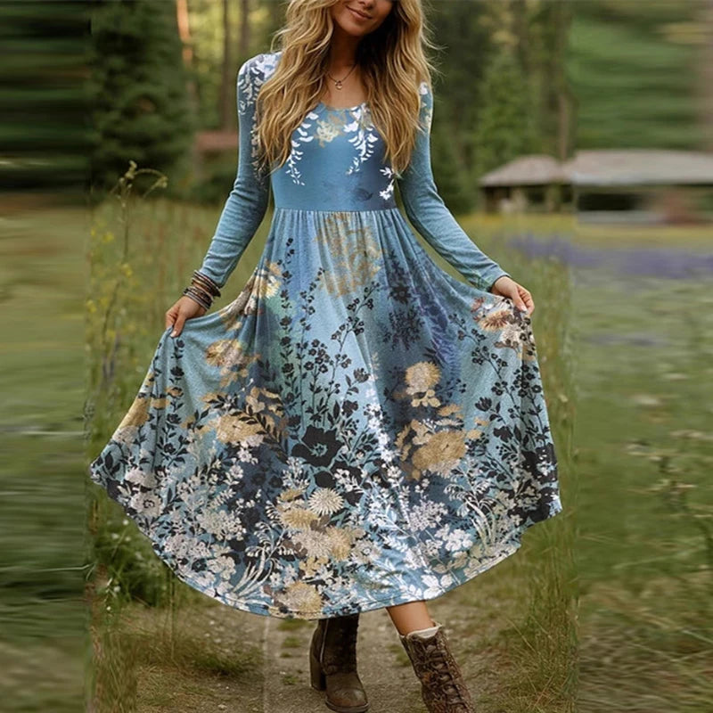 New Plus Size Women Dress Boho O Neck Long Sleeve A-line Party Dresses For Women Spring Autumn Flower Printed Long Dress