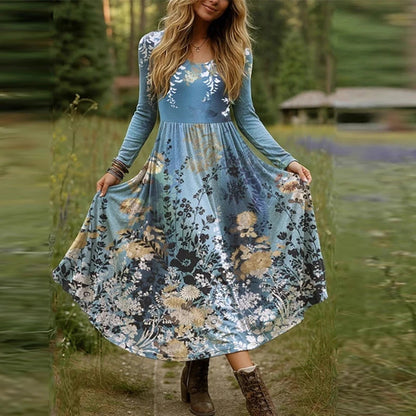 New Plus Size Women Dress Boho O Neck Long Sleeve A-line Party Dresses For Women Spring Autumn Flower Printed Long Dress