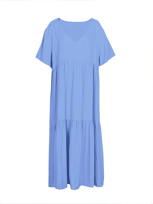 Plus-Size Women's Casual, Loose-Fitting, V-Neck Solid-Color Long Dress; Spring/Summer Pleated Plus-Size Women's Dress