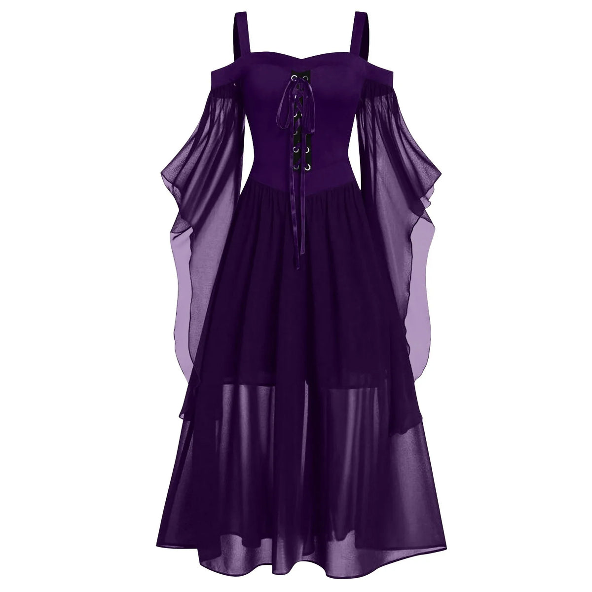 Womne Plus Size Halloween Dress Cold Shoulder Butterflies Sleeve Lace Up Gothic Style Costumes Retro Mesh Splicing Costume