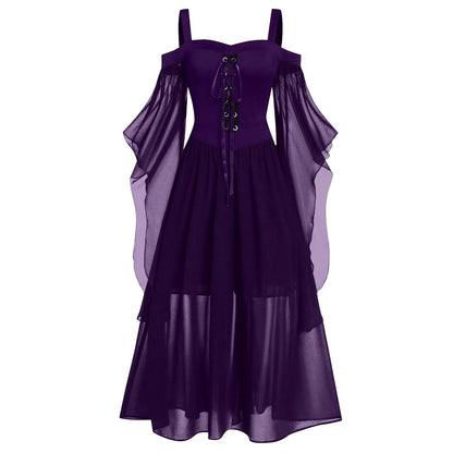 Womne Plus Size Halloween Dress Cold Shoulder Butterflies Sleeve Lace Up Gothic Style Costumes Retro Mesh Splicing Costume