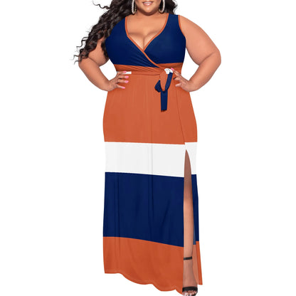 Plus Size Womens Sexy Casual Dresses for Curvy Women 3D Printed halterneck V Neckline Short Sleeve Loose High Vent Maxi Dress